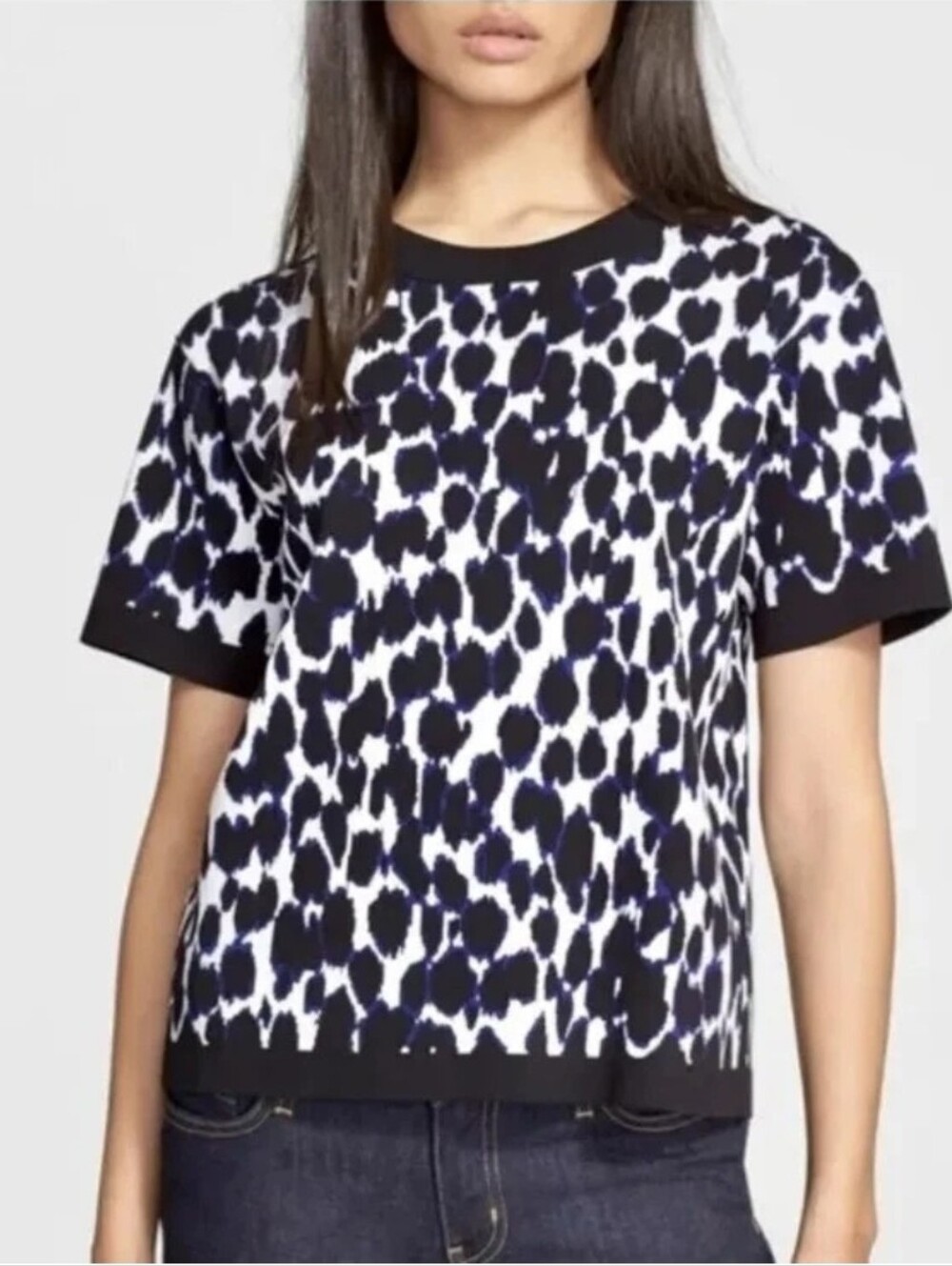 KATE SPADE Blue Black White Leopard Print Pullover Crewneck Knit Sweater SMALL